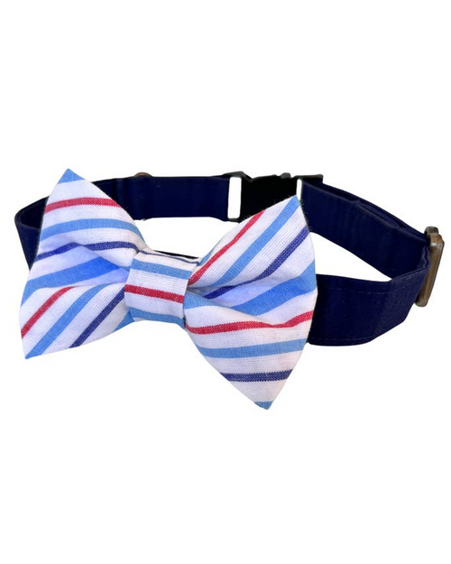 Patriotic Striped Bow Tie for Dogs - Classic Americana design perfect for 4th of July or Memorial Day.