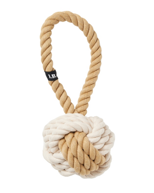 Durable tan and white rope toy, perfect for playful small breeds like Chihuahuas and Pugs.