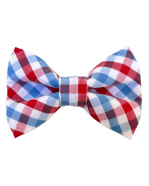 Americana Bow Tie for Dogs - Perfect for festive and patriotic occasions with an elegant red, white, and blue design.