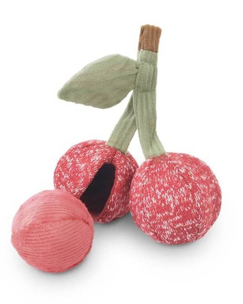 Cherry-shaped plush dog toy with dual squeakers – playful and vibrant design