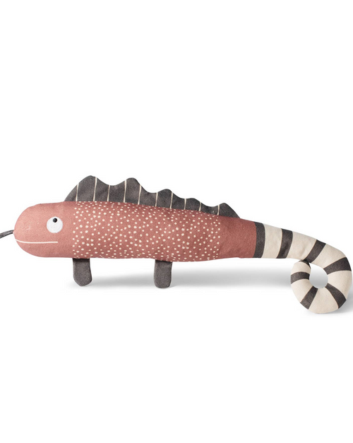 The <em>One in Chameleon Canvas Dog Toy</em> features a modern, printed canvas body, stuffed with fluff, crinkle paper, and a hidden squeaker that&