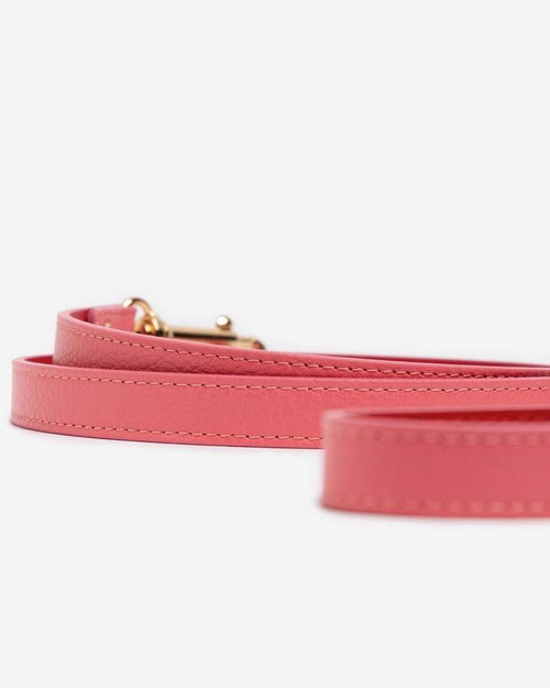 Full view of pink leather dog leash laid out, showcasing length and design