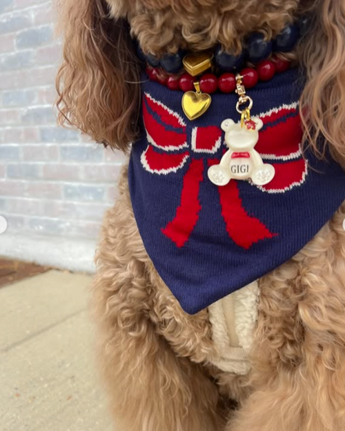 Navy dog bandana with elegant red bow, comfortable and chic for small dogs