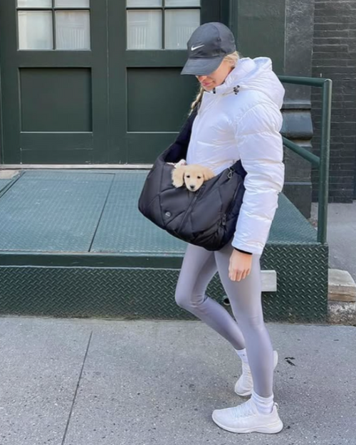 Sleek Black Quilted Crossbody Pet Carrier - Perfect for traveling with your pet in comfort and style!