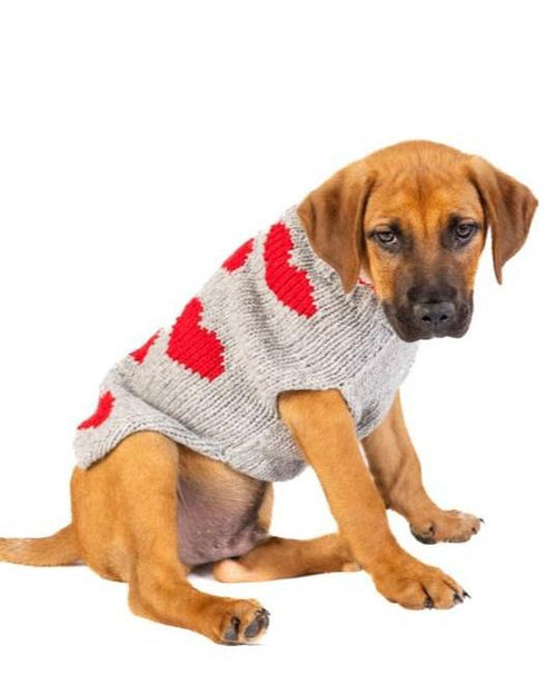 Cute grey dog sweater with red hearts for small to medium breeds like French Bulldogs, Pugs, and Cocker Spaniels