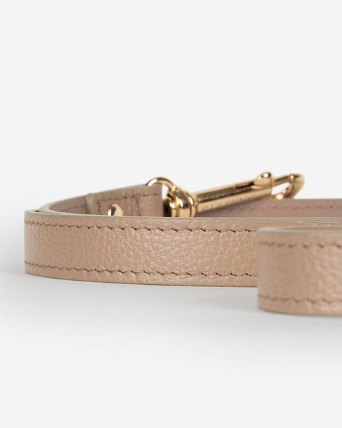 Taupe leather leash coiled neatly, showcasing flexibility and craftsmanship