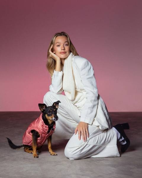 Cozy rose striped dog jacket, perfect for medium-sized dogs like Beagles and Schnauzers.