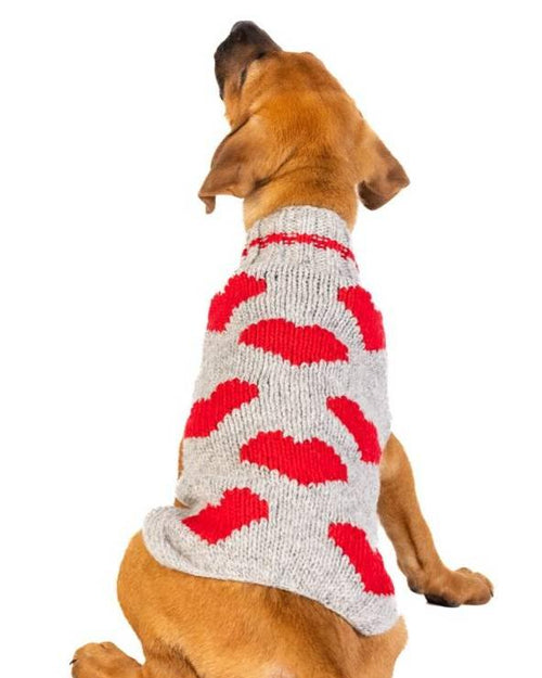 Cozy grey sweater with red hearts, perfect for stylish Dachshunds, Shih Tzus, and Beagles