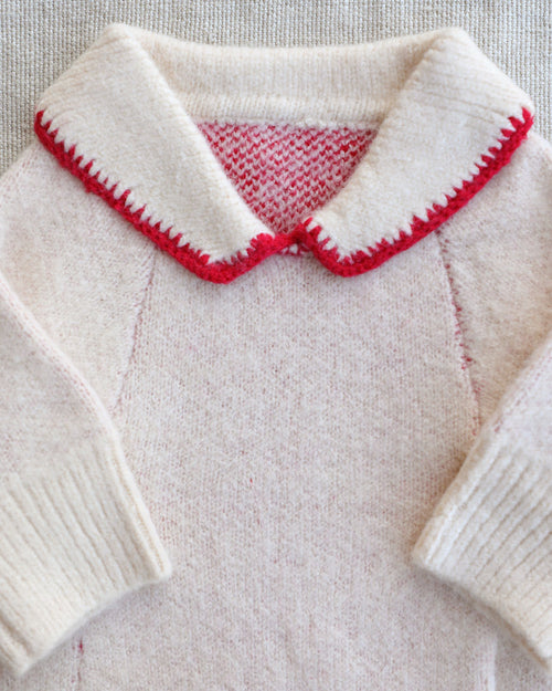 Cozy ivory dog sweater with festive red bow, Peter Pan collar and soft comfortable knit for small to medium breed dogs