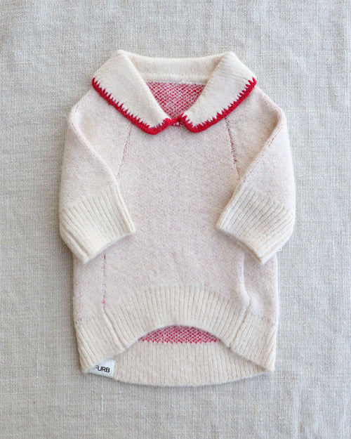 Cute ivory knit dog sweater featuring a red bow and classic Peter Pan collar for small to medium breed dogs