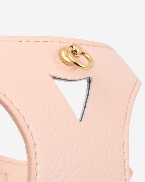 Detail of medallion holder on light pink leather dog harness for small dogs