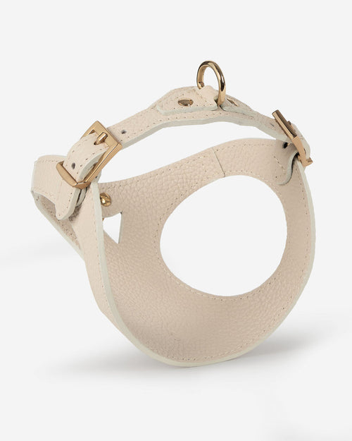 Back view of ivory leather dog harness showing adjustable straps for comfort