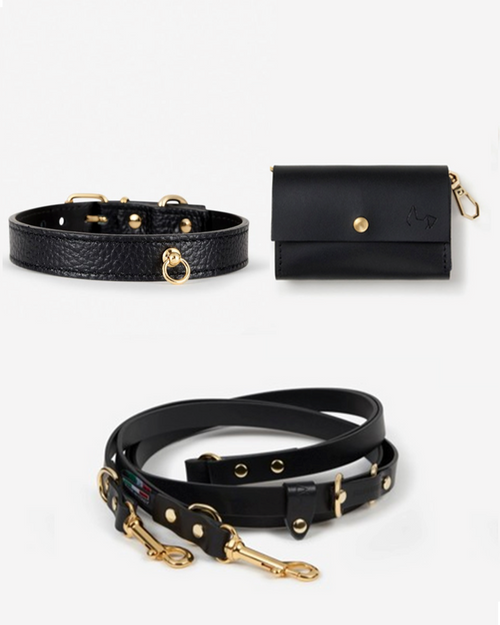 Nara black leather multi-position dog collar and leash set, adjustable for multiple leash configurations for small dogs