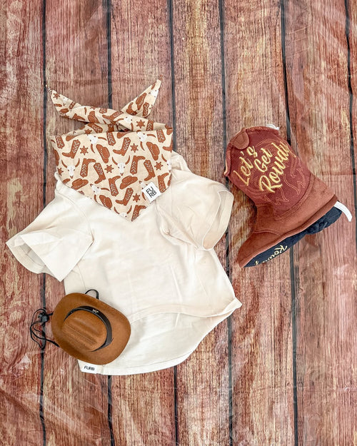 Dog wearing brown Buckaroo bandana with western motif, perfect for stylish outdoor pups.