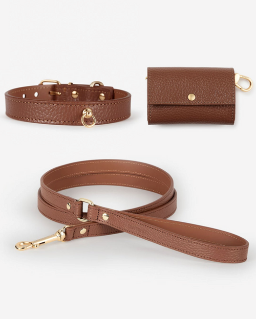 Nara chocolate leather dog collar and leash kit, premium leather for small and medium dogs, stylish and durable