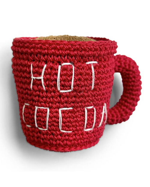 Plush crochet hot cocoa dog toy with whipped topping detail.