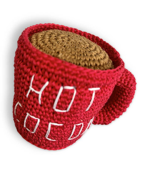 Cute crochet hot cocoa dog toy with cozy holiday theme.