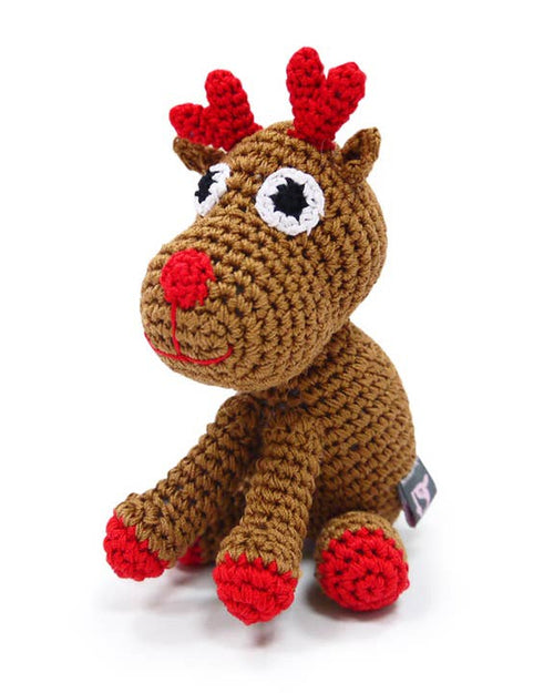 Festive crochet reindeer plush dog toy for holiday playtime.
