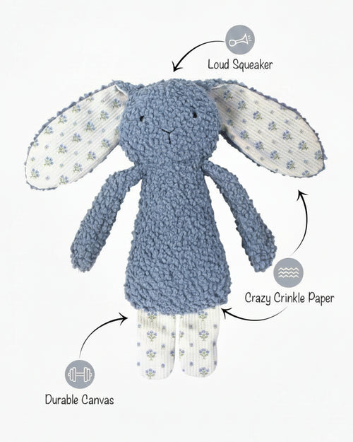 Soft blue rabbit themed pet toy with cozy boucle texture and playful design. Updated May 2026.
