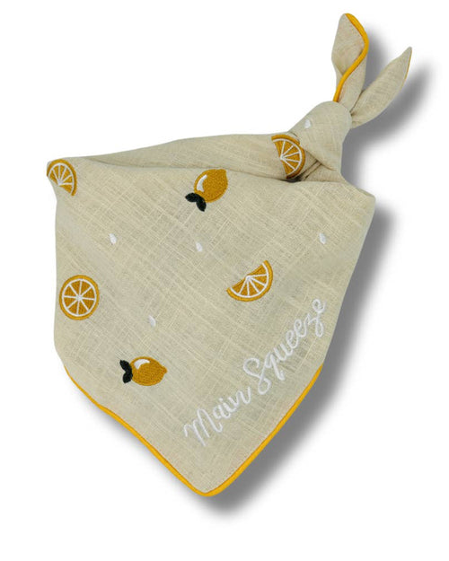 Cute Lemon dog bandana, fun and stylish for Pomeranians, Mini Aussies, and Shih Tzus enjoying park strolls or playdates.