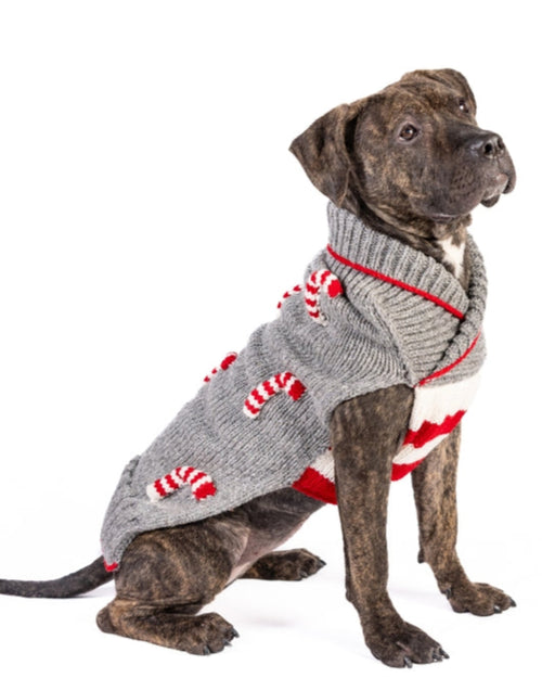 Holiday-themed red and white dog sweater in knit pattern.