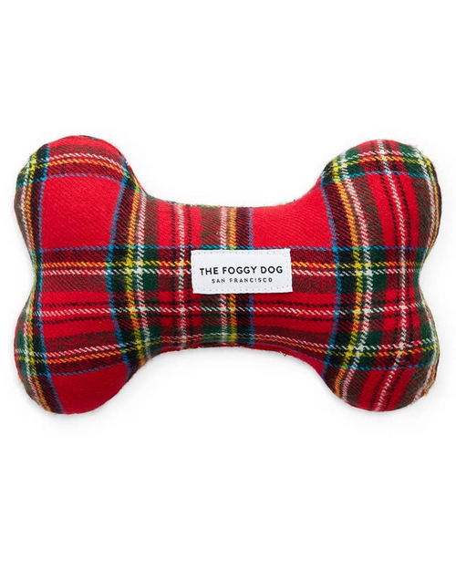 Cute to the Bone Red Holiday Tartan Dog Toy
