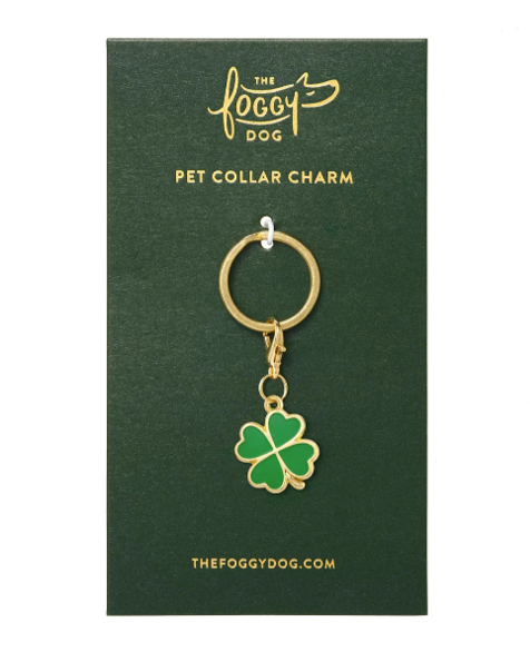 Decorative dog collar charm inspired by classic lucky clovers, a subtle everyday accent, perfect for shih tzus, Frenchies, and mixed breeds