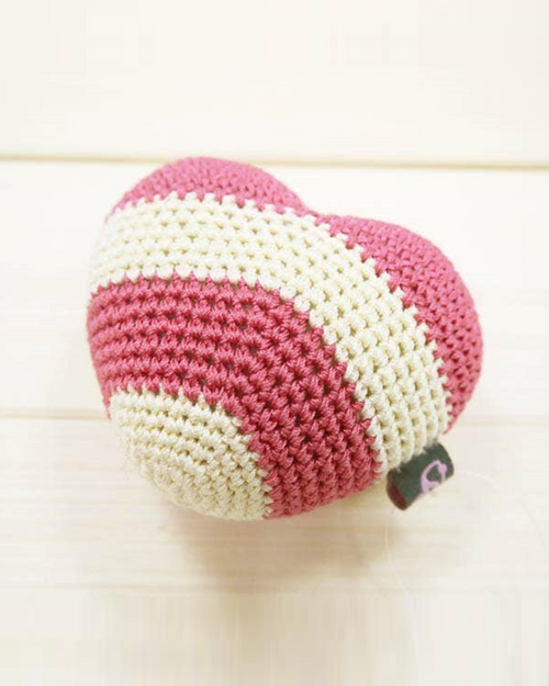 Adorable crochet heart dog toy designed for interactive play, perfect for Miniature Schnauzers or Pugs.