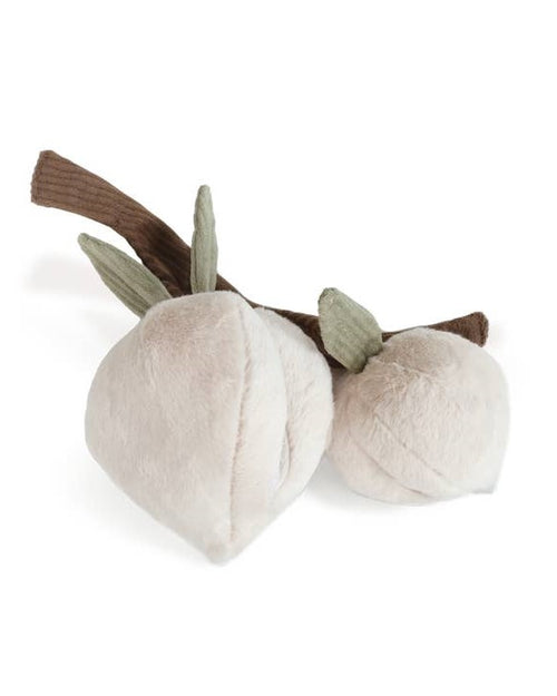Peachy Keen Plush Dog Toy, fun dog toy featuring two plush peaches on a brown corduroy branch with pockets.