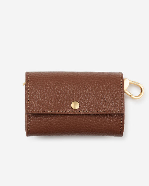 Chocolate leather dog waste bag holder, compact and stylish for walks