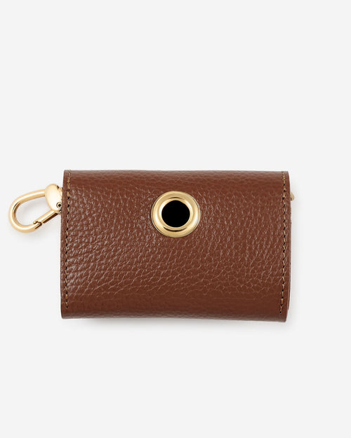 Back view of chocolate leather dog waste bag holder, convenient and chic