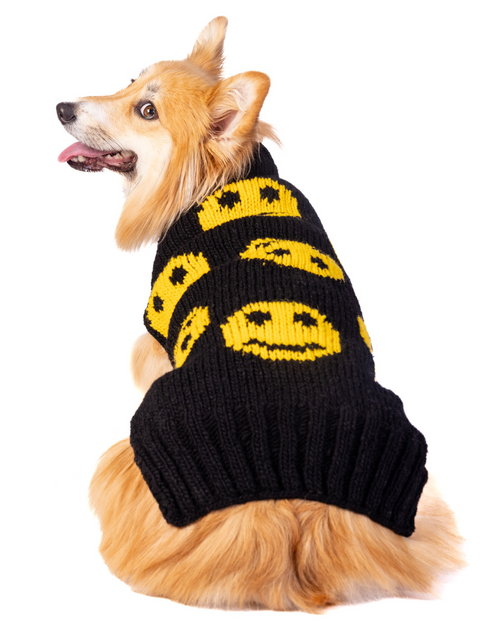 Smiley face dog sweater.. black pug sweater.